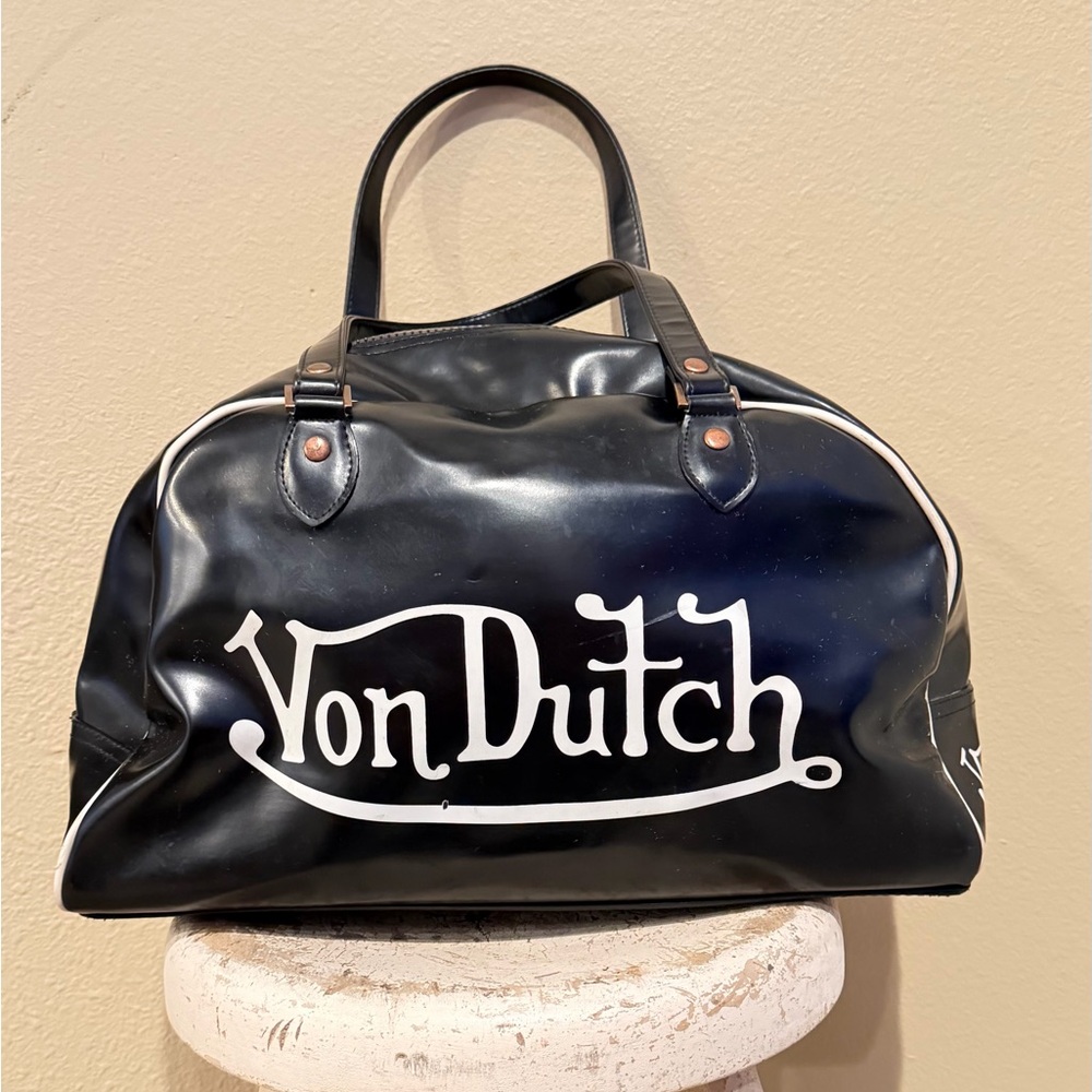 Von Dutch Black and White Logo Patent Tote Bag